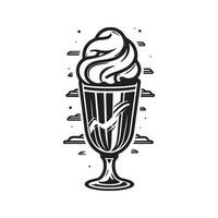 ice cream in a tall glass, vintage logo line art concept black and white color, hand drawn illustration vector