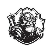 orc knight, vintage logo line art concept black and white color, hand drawn illustration vector