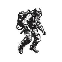 military combat exoskeleton, vintage logo line art concept black and white color, hand drawn illustration vector