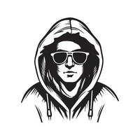 man in hood and cyber glasses, vintage logo line art concept black and white color, hand drawn illustration vector