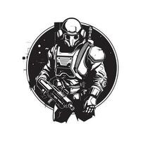 sci fi person, vintage logo line art concept black and white color, hand drawn illustration vector