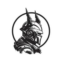 science fiction robot horned knight, vintage logo line art concept black and white color, hand drawn illustration vector