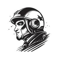 futuristic space hero, vintage logo line art concept black and white color, hand drawn illustration vector