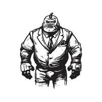 golem wearing suit, vintage logo line art concept black and white color, hand drawn illustration vector