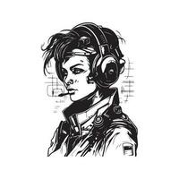 futurista cyberpunk personaje, Clásico logo línea Arte concepto negro y blanco color, mano dibujado ilustración vector
