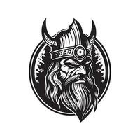 futuristic viking, vintage logo line art concept black and white color, hand drawn illustration vector