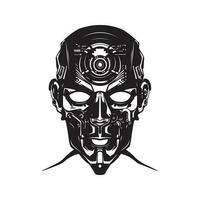 humanoid cyborg, vintage logo line art concept black and white color, hand drawn illustration vector