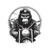 gorilla biker, vintage logo line art concept black and white color, hand drawn illustration vector