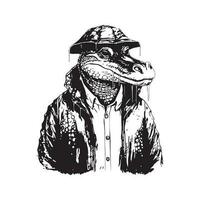 crocodile wearing rain coat, vintage logo line art concept black and white color, hand drawn illustration vector