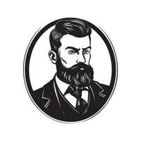 man beard wearing suit, vintage logo line art concept black and white color, hand drawn illustration vector