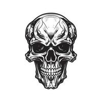 possessed skull, vintage logo line art concept black and white color, hand drawn illustration vector