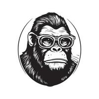 geek gorilla, vintage logo line art concept black and white color, hand drawn illustration vector