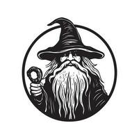 annoying wizard, vintage logo line art concept black and white color, hand drawn illustration vector