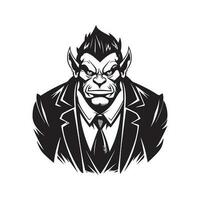 orc wearing suit, vintage logo line art concept black and white color, hand drawn illustration vector