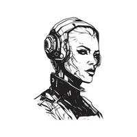 futuristic cyberpunk character, vintage logo line art concept black and white color, hand drawn illustration vector