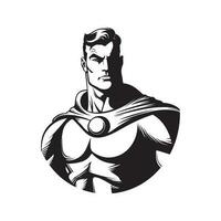 man superhero, vintage logo line art concept black and white color, hand drawn illustration vector