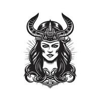 female viking, vintage logo line art concept black and white color, hand drawn illustration vector