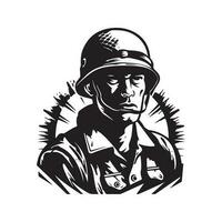 soldier character, vintage logo line art concept black and white color, hand drawn illustration vector