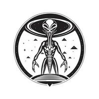 giant alien, vintage logo line art concept black and white color, hand drawn illustration vector