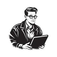 nerd with laptop, vintage logo line art concept black and white color, hand drawn illustration vector