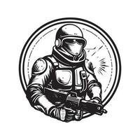 science fiction soldier, vintage logo line art concept black and white color, hand drawn illustration vector