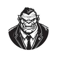 orc wearing suit, vintage logo line art concept black and white color, hand drawn illustration vector