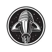 spaceship hovering, vintage logo line art concept black and white color, hand drawn illustration vector