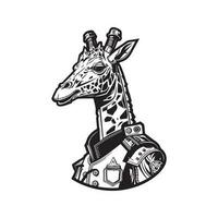 futuristic giraffe soldier, vintage logo line art concept black and white color, hand drawn illustration vector