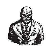 golem wearing suit, vintage logo line art concept black and white color, hand drawn illustration vector