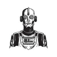 science fiction humanoid robot, vintage logo line art concept black and white color, hand drawn illustration vector