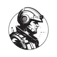 futuristic soldier, vintage logo line art concept black and white color, hand drawn illustration vector