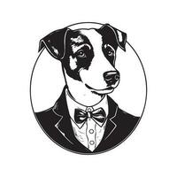 jack russell terrier wearing suit, vintage logo line art concept black and white color, hand drawn illustration vector