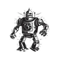 robot attack, vintage logo line art concept black and white color, hand drawn illustration vector