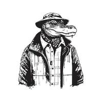 crocodile wearing rain coat, vintage logo line art concept black and white color, hand drawn illustration vector