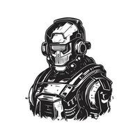futuro robótico soldado, Clásico logo línea Arte concepto negro y blanco color, mano dibujado ilustración vector