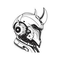 science fiction robot horned knight, vintage logo line art concept black and white color, hand drawn illustration vector