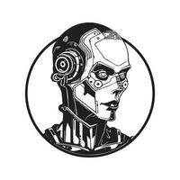 humanoid cyborg, vintage logo line art concept black and white color, hand drawn illustration vector