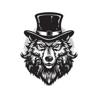 wolf magician, vintage logo line art concept black and white color, hand drawn illustration vector