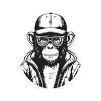 monkey dressed up in pullover, vintage logo line art concept black and white color, hand drawn illustration vector