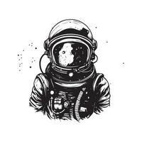 futuristic astronaut, vintage logo line art concept black and white color, hand drawn illustration vector