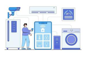 Internet of Things IoT Concept with a Person Controlling Household Appliances Remotely Using a Smartphone and Home Voice Controller vector