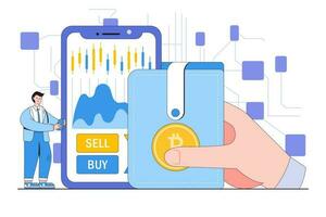 Cryptocurrency and Blockchain Technology Concept with a Person Trading Cryptocurrencies and Managing a Digital Wallet vector