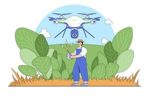 inteligente agricultura y agrícola tecnología concepto con un persona operando un zumbido para cosecha supervisión vector