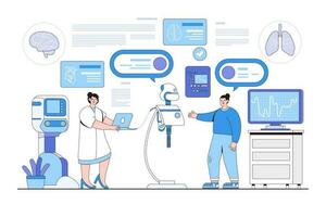 artificial inteligencia en cuidado de la salud concepto con persona interactuando con alimentado por ai dispositivos y recepción diagnóstico vector