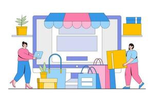 E-Commerce and Online Shopping Concept with Person Browsing Products and Holding a Package vector