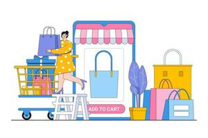 Digital Transformation in Retail Concept with Person Shopping Online and Adding Items to the Cart vector