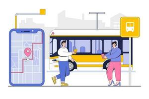 inteligente transporte concepto con persona rastreo público autobús rutas vector
