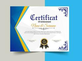 creativo certificado de logro modelo diseño. lujo elegante azul y oro diploma, corporativo formación certificado diseño vector