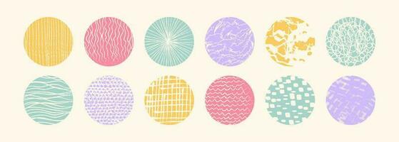 Colorful abstract circle shapes with loop, drops, spots, curves, lines and waves in trendy retro style. Hand drawn doodle elements. Vector illustration with wavy and spiral elements