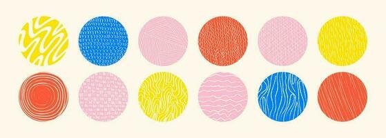 Colorful abstract circle shapes with loop, drops, spots, curves, lines and waves in trendy retro style. Hand drawn doodle elements. Vector illustration with wavy and spiral elements